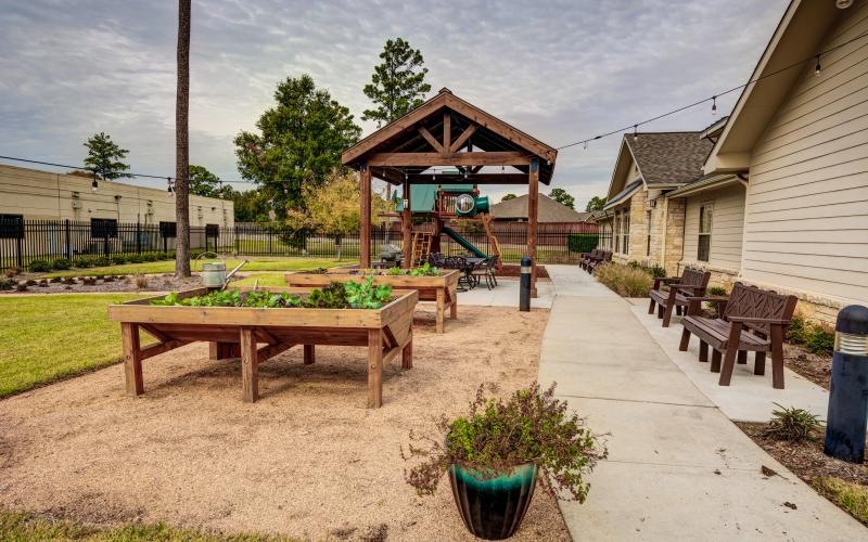 a picnic table and chairs outside