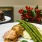 a plate of food and a glass of drink