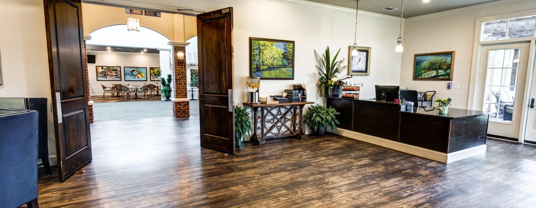 a large room with a wood floor
